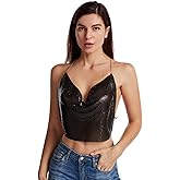 Women Metal Sequin Sparkle Glitter Tank Deep V Neck Spaghetti Strap Backless Chain Halter Crop Tops Party Blouse