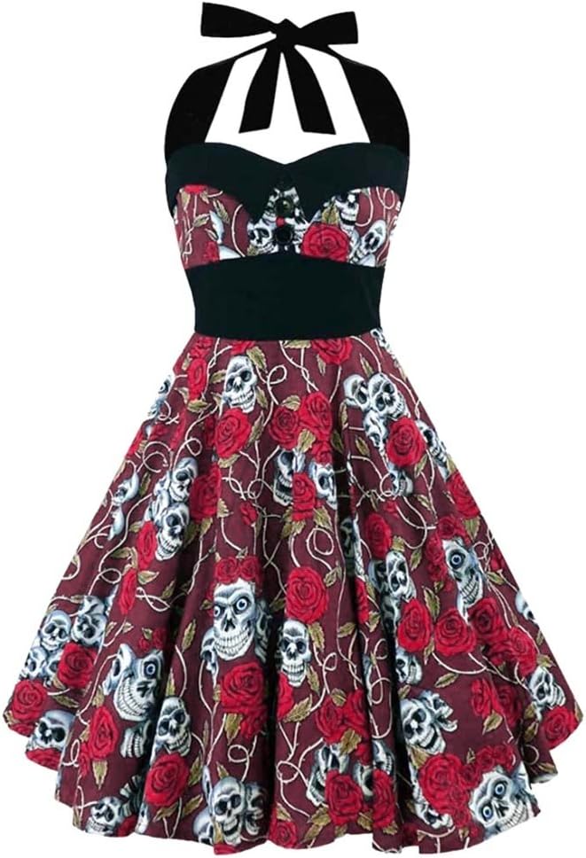 Hippicity Women Skull Print 50S Retro Cocktail Dress Plus Size Dress