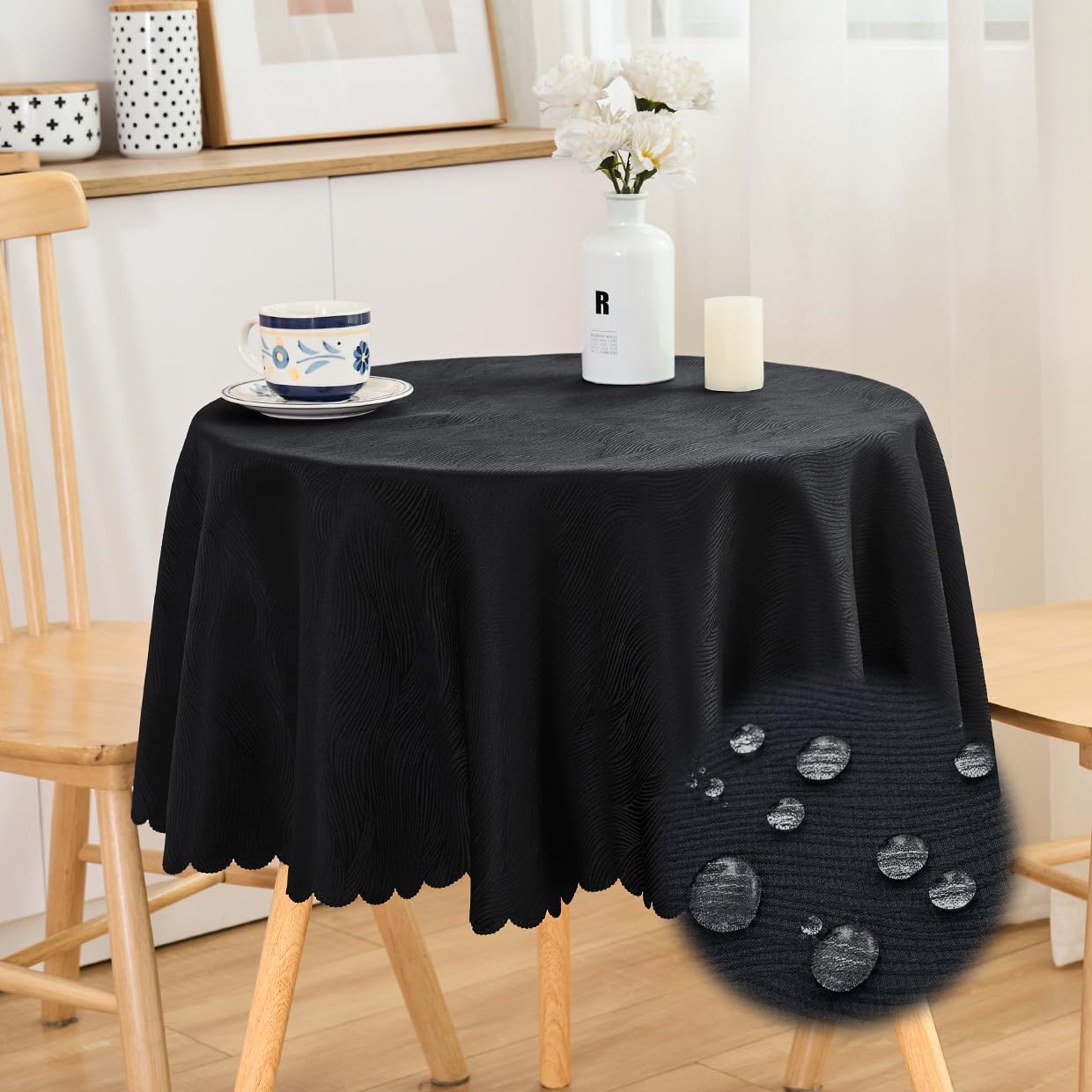 SPRICA Round Jacquard Tablecloth 120cm Water Resistance Solid Colour Table Cover, Water Ripples Pattern Design, Machine Washable, Diameter 120cm, Black — image 1