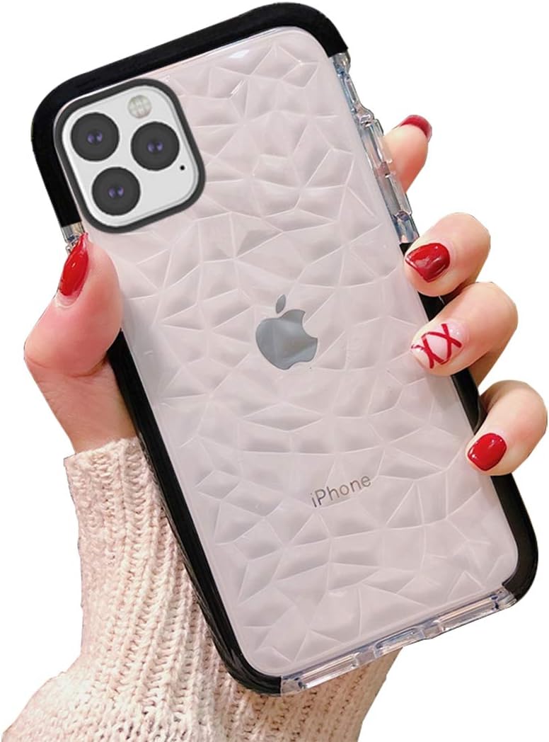 KUMTZO Compatible iPhone 11 Pro Max Case, Crystal Clear Slim Diamond Pattern Soft TPU Anti-Scratch Shockproof Protective Cover for Women Girls Men Boys with iPhone 11 Pro Max 6.5 inch - Black