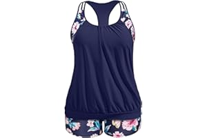 Holipick Plus Size Tankini Swimsuit for Women Two Piece Tummy Control Bathing Suit Blouson Racerback Tankini Top with Shorts