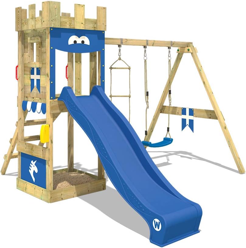 WICKEY Wooden Climbing Frame KnightFlyer with Swing Set and Blue Slide, Knight's Playhouse for Children with Sandpit, Climbing Ladder & Play-Accessories