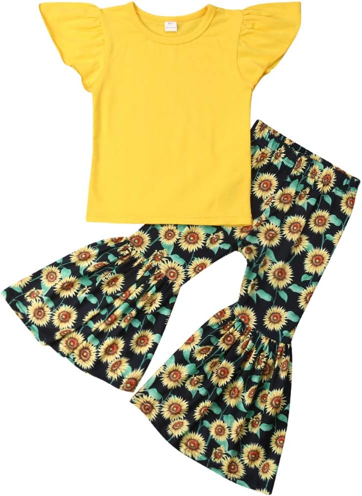 Toddler Kids Baby Girls Long Pants Sunflower Cotton Flare Leggings Bell Bottom Floral Trousers Outfit 1-5T