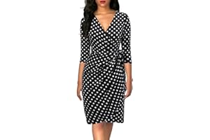 Berydress Women's Classic 3/4 Sleeve V Neck Sheath Casual Party Work Faux Black Wrap Dress