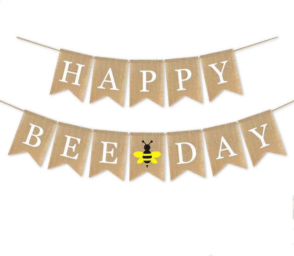 SWHATYW Burlap Happy Bee Day Banner Boy Girl Bumble Bee Themed Birthday Party Decoration, Light Brown, Yellow