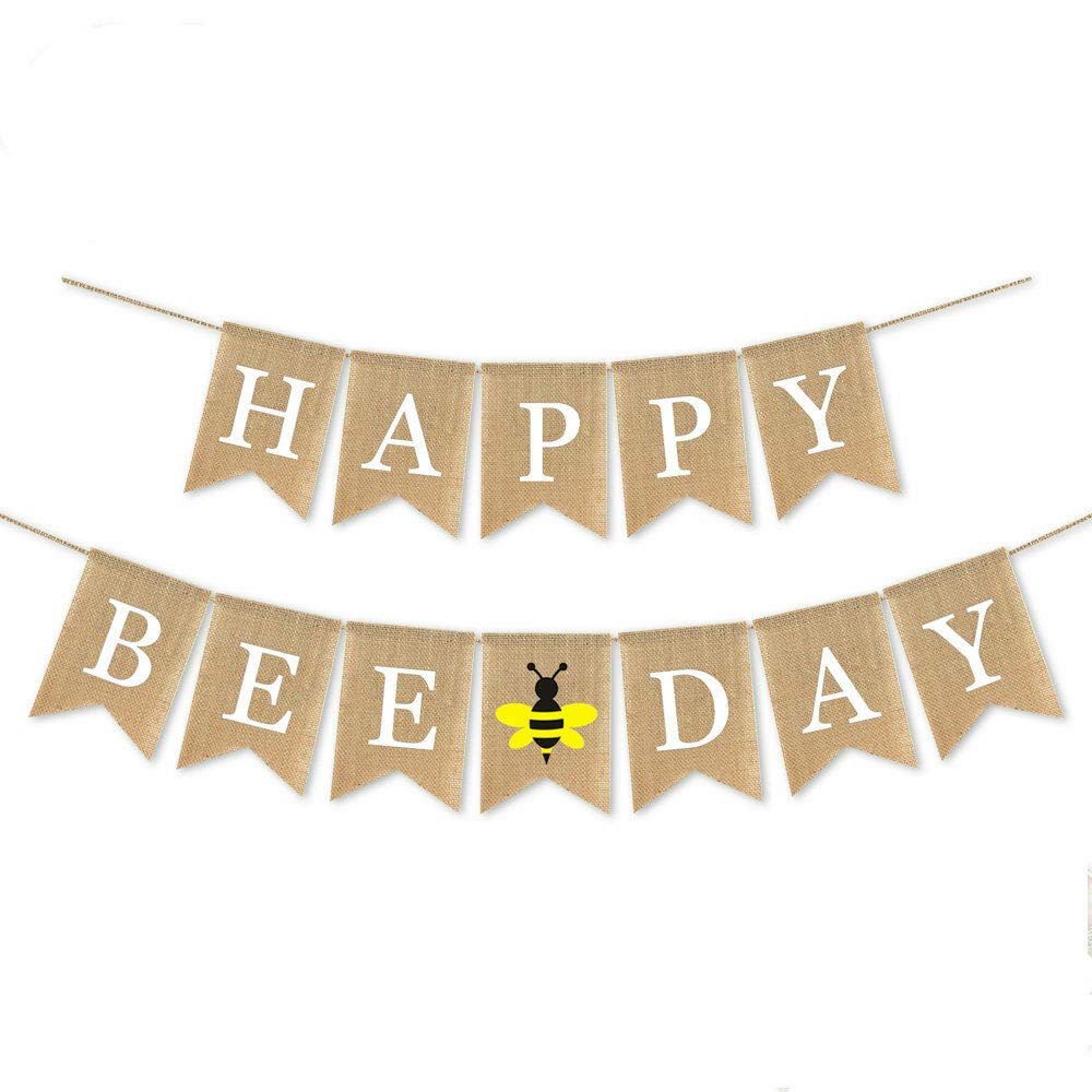 SWHATYW Burlap Happy Bee Day Banner Boy Girl Bumble Bee Themed Birthday Party Decoration