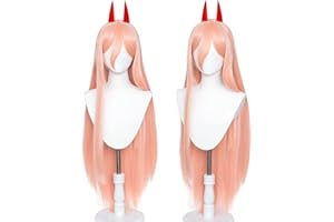 Probeauty Pink Power Cosplay Wig with Two Horns, Women Update Long Straight Anime Halloween Wig (Pink Orange)