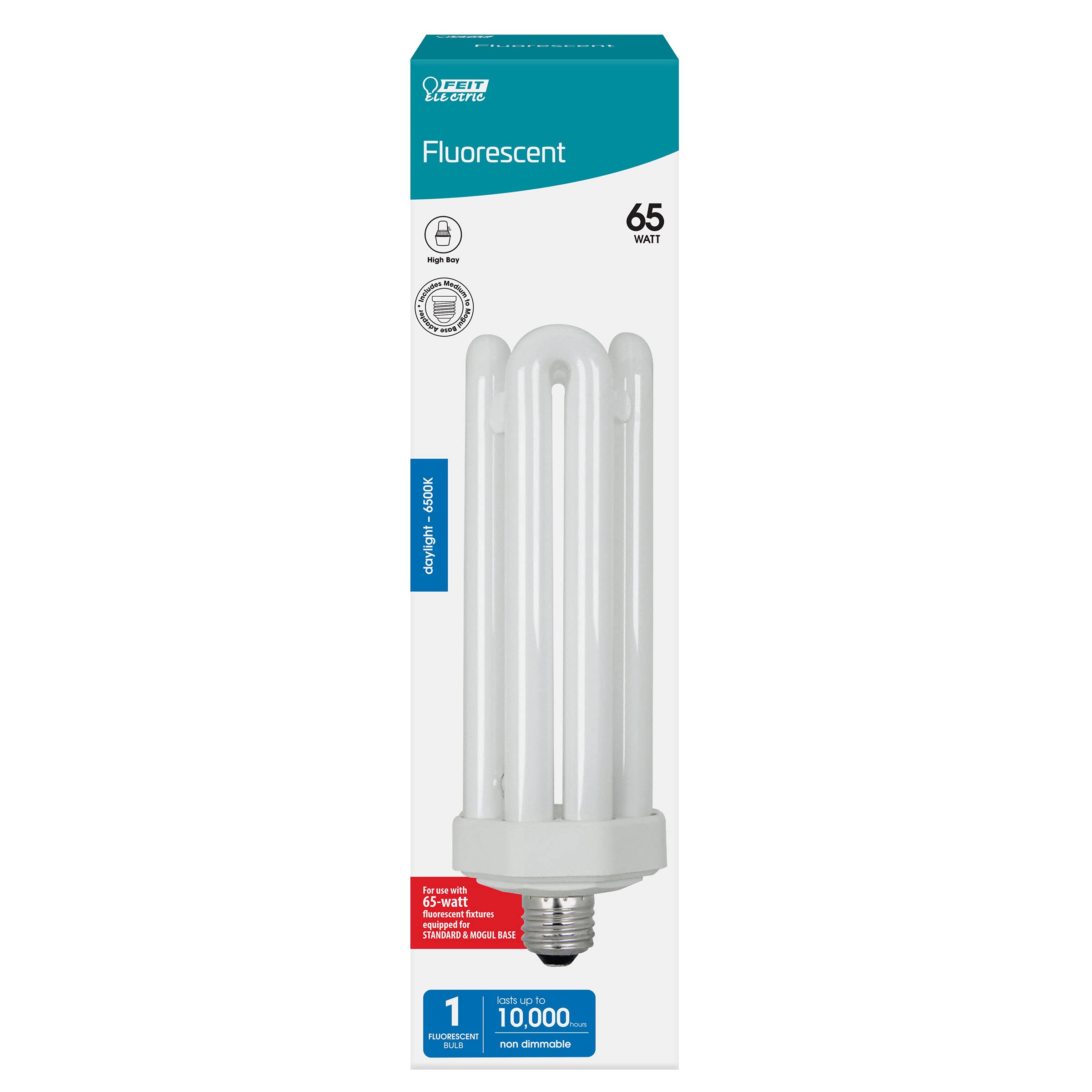 Photo 1 of Feit Electric CFL Quad Tube Light Bulb, 300W Equivalent, E26 Base with Mogul Base Adapter, 65-Watt CFL Light Bulb for Residential & Commercial Use, 6500K Daylight, 10,000-Hour Lifespan, PLF65/65/G2