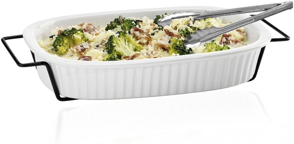 Oven to Table White Casserole Dish with Iron Rack, 1-Quart Porcelain Cookware Baking Dish with Serving Tong