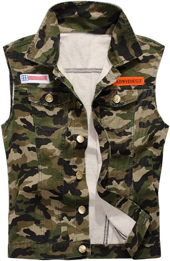 Mens Slim Camouflage Demin Jeans Gilets Sleeveless Jacket Waistcoat Top Vest
