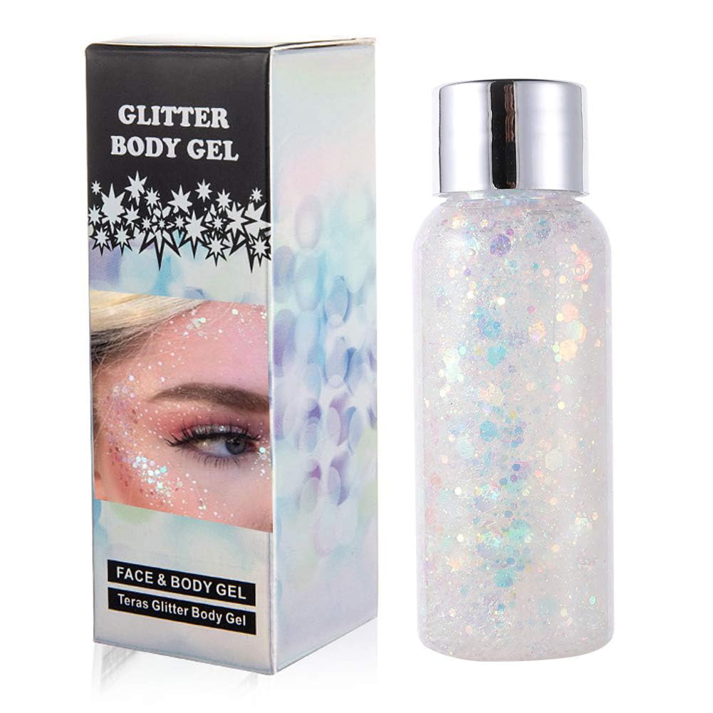GL-Turelifes Mermaid Sequins Chunky Glitter Liquid Eyeshadow Body Gel Festival Cosmetic Face Hair Nails Makeup Long Lasting Sparkling 30g (09# White)