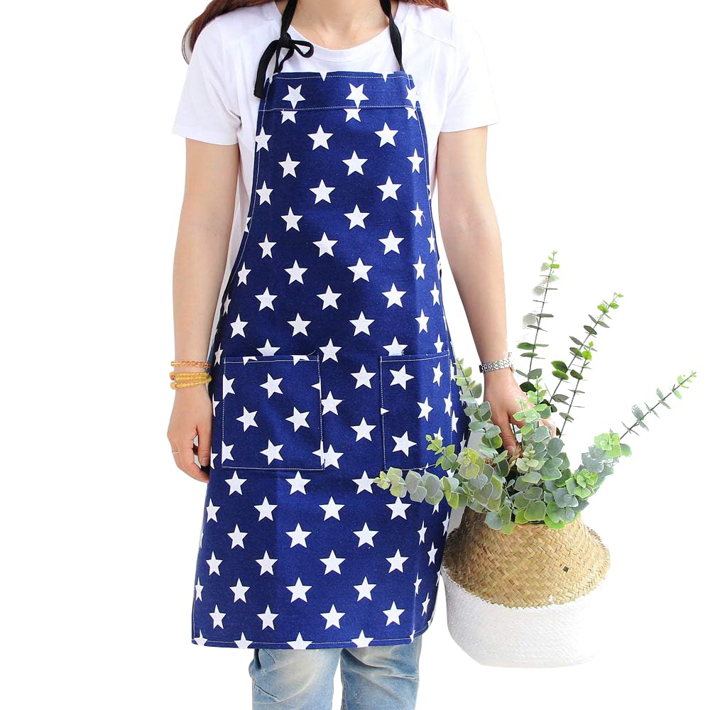 Star Aprons for Women Girls Ladies, Adjustable Cooking Baking Apron Kitchen Bib Apron with 2 Pockets, Cotton Canvas Aprons for Home Kitchen Restaurant Cooking Baking Household Cleaning (Navy Blue)