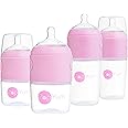 PopYum Pink Formula Making Baby Bottle Starter Set, 4-Pack, 2X 5oz Bottles with #1 Slow Flow Nipples + 2X 9oz Bottles with #2 Medium Flow Nipples, Mixing, Dispenser