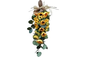 PRTECY Spring Sunflower Swag, Sunflower Teardrop Swag with Eucalyptus Leaves Front Door Sunflower Swags Wreath for Wedding Arch Front Door Wall Decor
