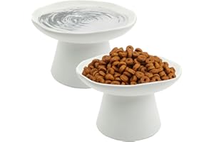 VCEPJH Raised Cat Food Bowls Shallow Cat Plate Pack of 2 Ceramic Elevated Cats Dish 6.1in Flat Anti Whisker Fatigue Wide Pet Food & Water Feeder for Indoor Kitty Kitten (White)