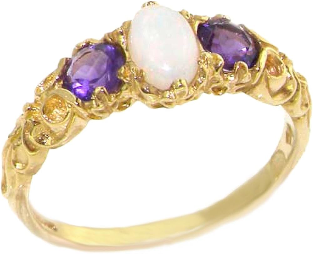 VINTAGE Design Solid 9ct Gold Genuine Natural Opal & Amethyst Ring