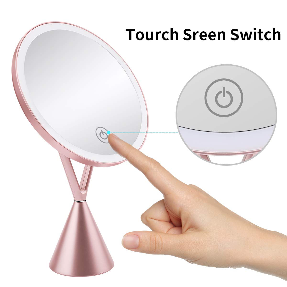 Lighted Makeup Mirror, Rechargeable 8.3 Inch Vanity 1X/5X Magnifying Mirror, 3 Color Modes Dimmable with Touch Screen (Rose Gold)