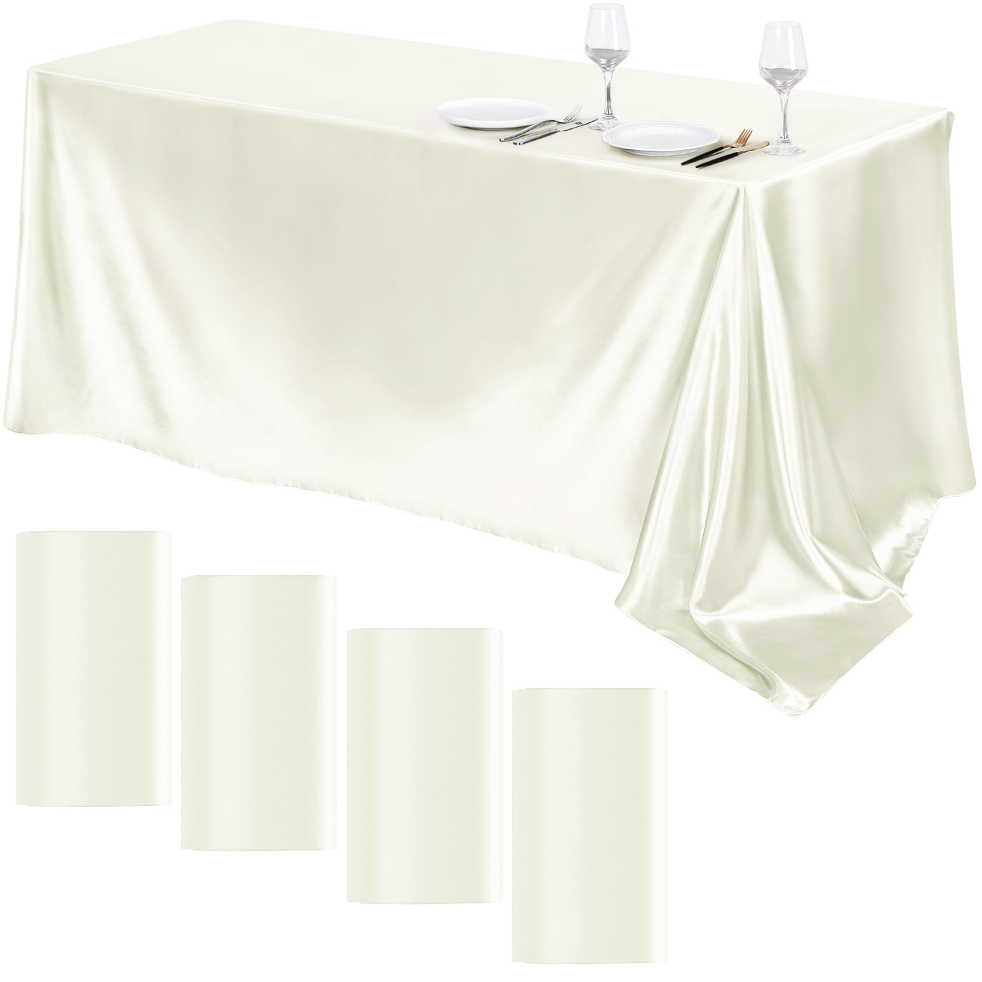 Photo 1 of TURSTIN 4 Packs Satin Tablecloth 102 x 58 Inch Overlay Satin Table Cover Rectangle Bright Silk Tablecloth Smooth Fabric Table Decoration for Wedding Banquet Party Events, Ivory