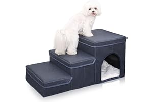 COSOWO Dog Steps with Cozy Condo and Storage Boxes, Portable & Folding Stairs for Small Dogs and Cats, Easy to Get on Bed, Couch and Sofa, Hold Up to 66 lbs 3 Steps, Blue