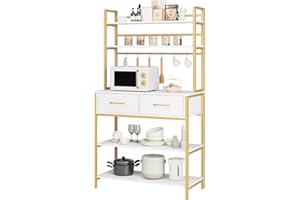 HITHOS Industrial 5-Tier Kitchen Bakers Rack with 2 Drawers, Microwave Oven Stand with Storage Shelves and Hutch, Kitchen Shelf with Storage, Coffee Bar for Living Room, Home Office, Gold White