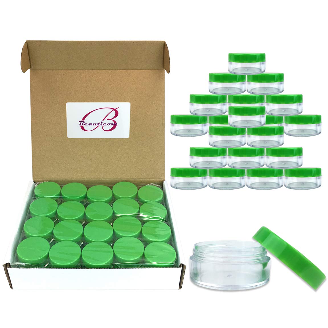 40 New empty 10 Gram (0.35 oz) Plastic Pot Jars – BPA FREE Clear Round Acrylic Container for Travel, Cosmetic, Makeup, Bead, Sample, Lip Balm, Candy, Herbs, Eye Shadow 10g/10ml (Green Screw Lid)