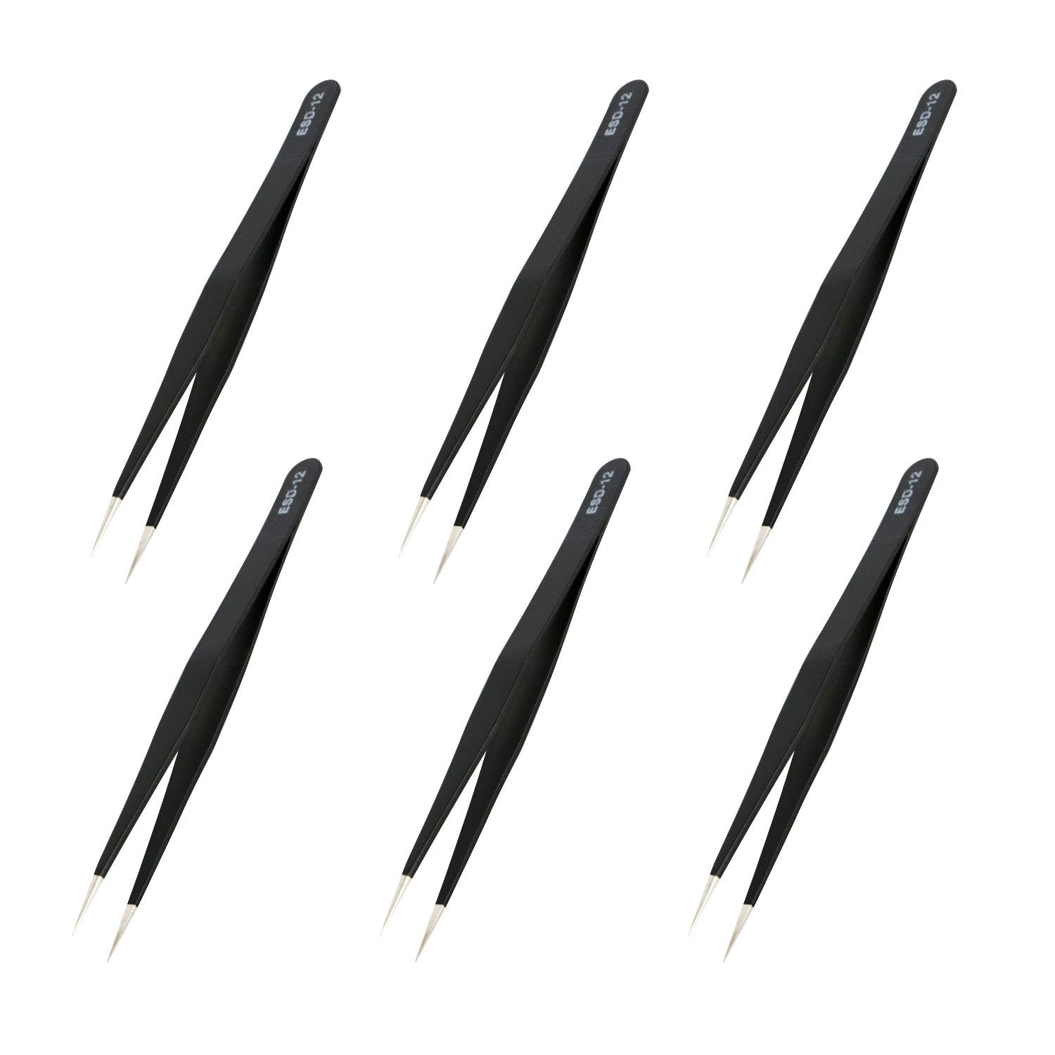 Aoje-Link ESD-12 Professional Anti-Static Technology Tweezers, Non-Magnetic Fine Tip Straight, Stainless Steel Plastic Coated, Full Length 135mm, Black, 6pcs