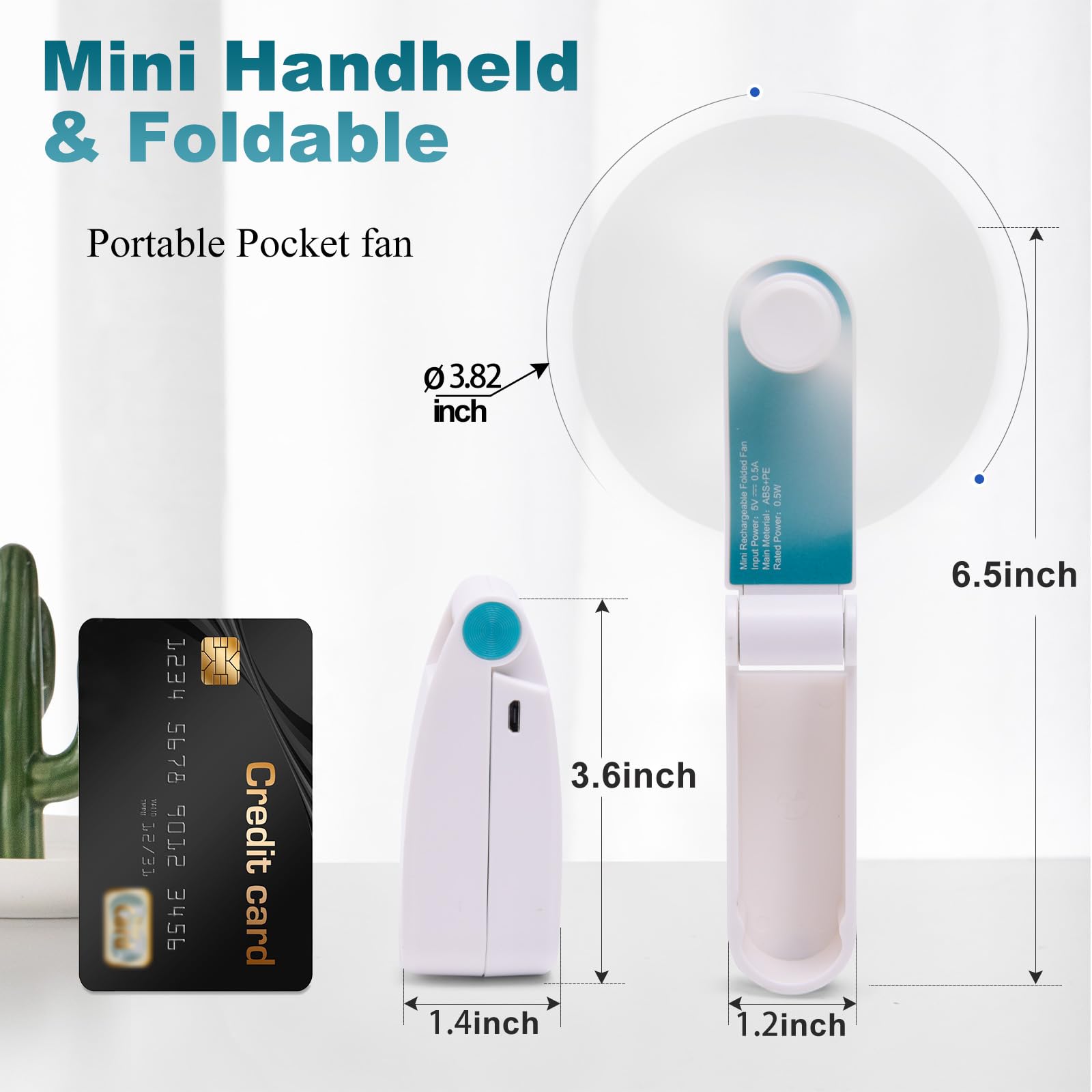 Personal Handheld Fan, Mini Portable Pocket Fan, Small Lightweight USB Rechargeable for Home Sports Outdoor Travel, 2 Speed Powerful Wind (Turquoise)