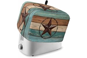 LABLUUX Rustic Wood Barn Star Toaster Cover 4 Slice with Pockets, Retro Farmhouse Country Teal Brown Plank Dustproof Cover for Kitchen Small Appliances Fingerprint Protection, Kitchen Bread Machine Protector