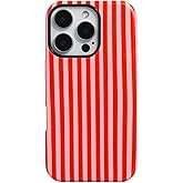 Fycyko Compatible with iPhone 16 Pro Case Striped Cute Aesthetic Phone Case Shockproof TPU Hard PC Protective Cover for iPhone 16 Pro-Pink Red
