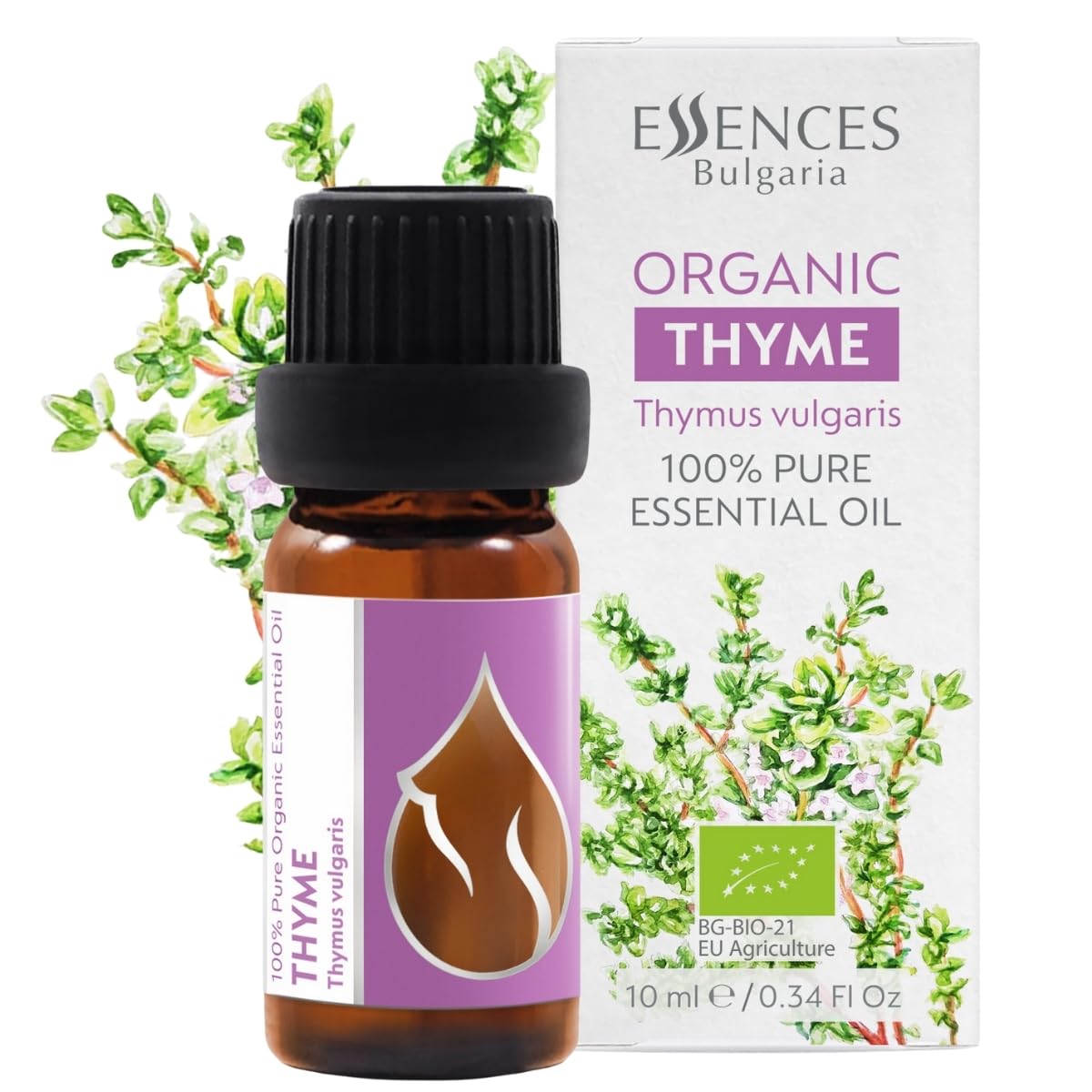 Essences Bulgaria Organic Thyme Essential Oil 10ml | Thymus vulgaris | 100% Pure and Natural | Undiluted | Therapeutic Grade | Family Owned Farm | Steam-Distilled | Non-GMO | Vegan