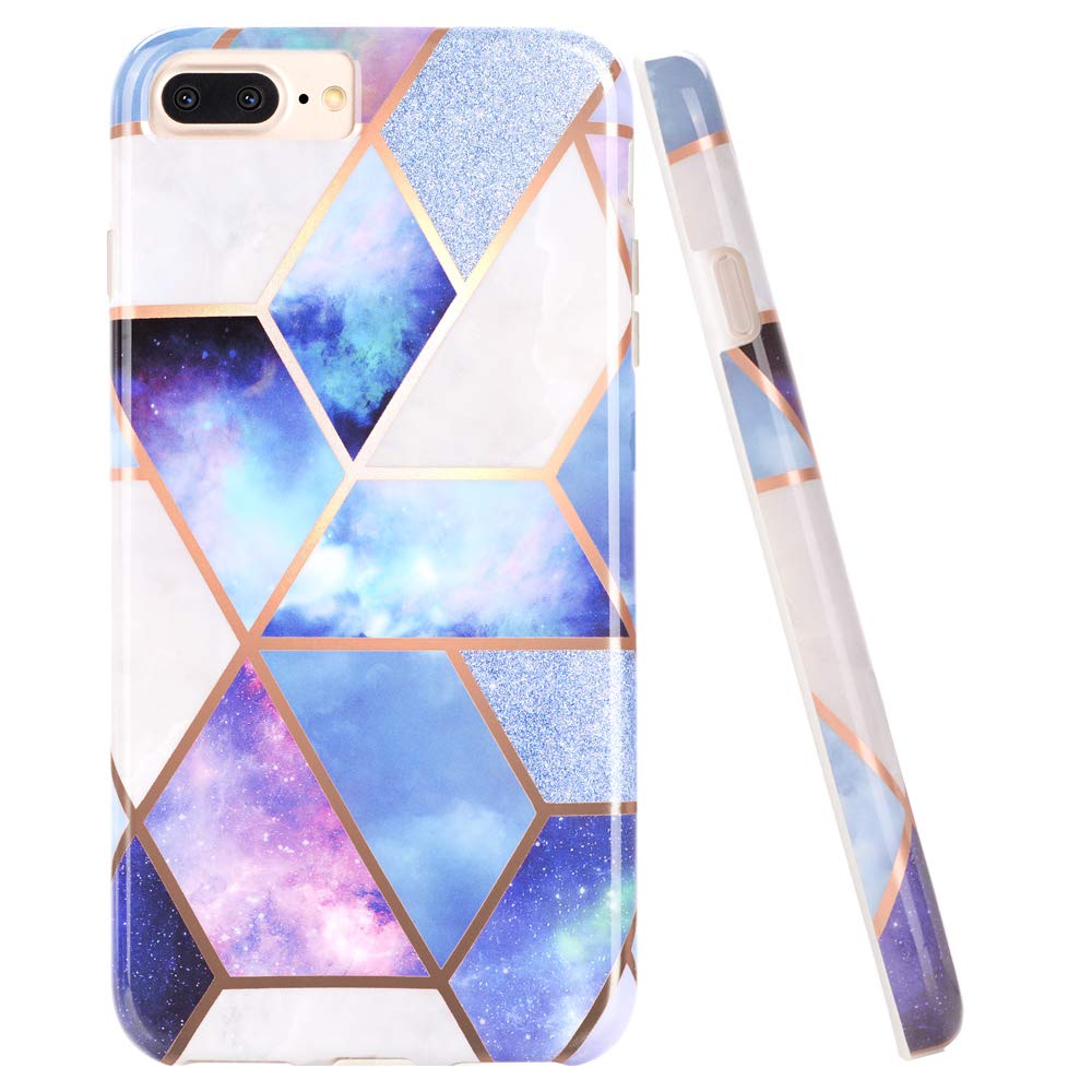 DOUJIAZ Bling Glitter Sparkle Marble Design White Bumper TPU Soft Rubber Silicone Phone Case Compatible with iPhone 7 Plus/8 Plus/6 Plus/6S Plus(Purple Grid)