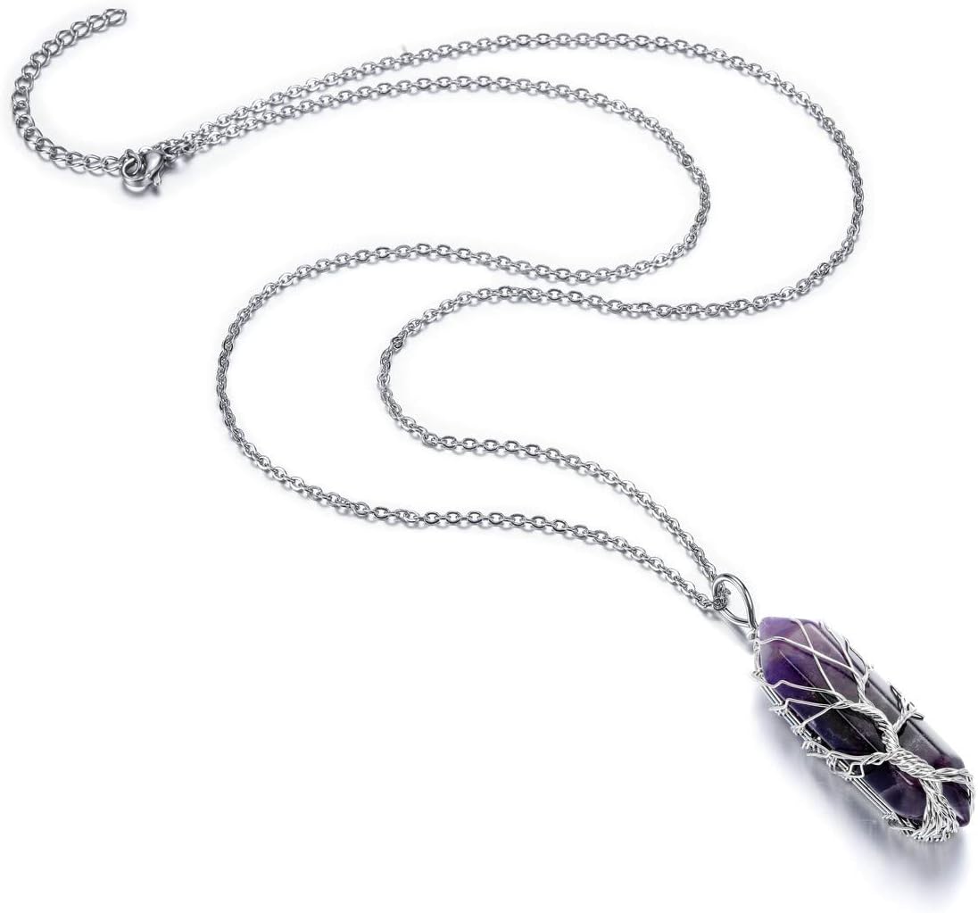 CrystalTears Amethyst Healing Crystal Stone Necklace Tree Life Wire Wrapped Natural Hexagonal Crystal Points Pendant Necklace Mothers Day Gifts for Mum Women Her Wife Girlfriend - Image 3