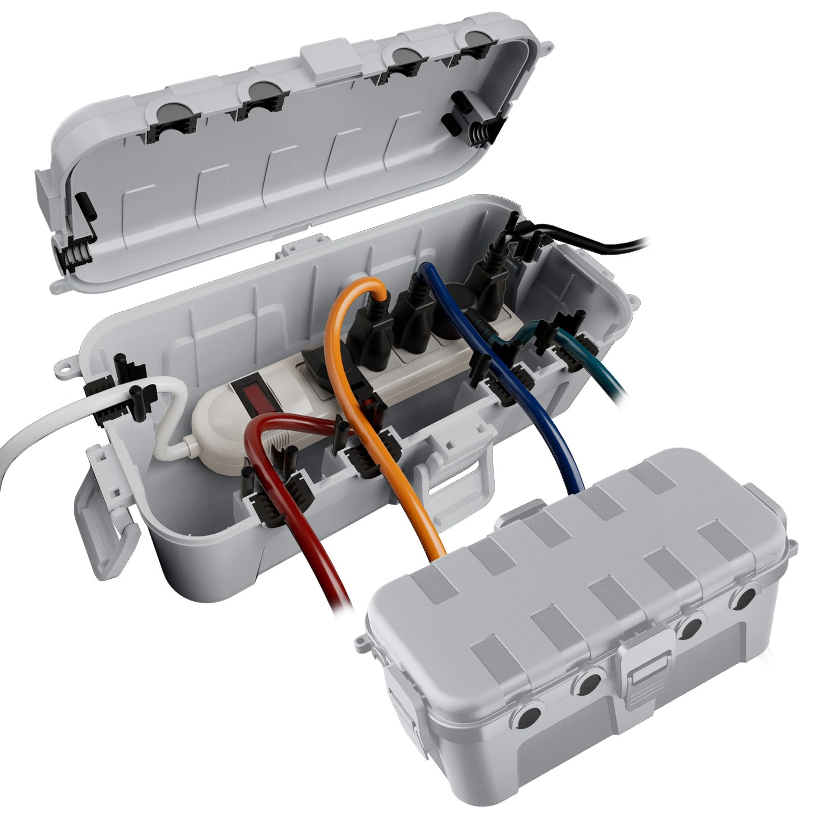 Photo 1 of Flemoon [2 Pack] Outdoor Electrical Box Waterproof, Medium Weatherproof Electrical Box (11.5x5.2x4 inch) w/6 Cable Entry Ports, Extension Cord Cover for Power Strip, Plug, Holiday Light, Light Grey