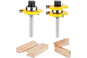 KOWOOD Tongue and Groove Set of 2 Pieces 1/4 Inch Shank Router Bit 3 Teeth Adjustable T Shape Wood Milling Cutter