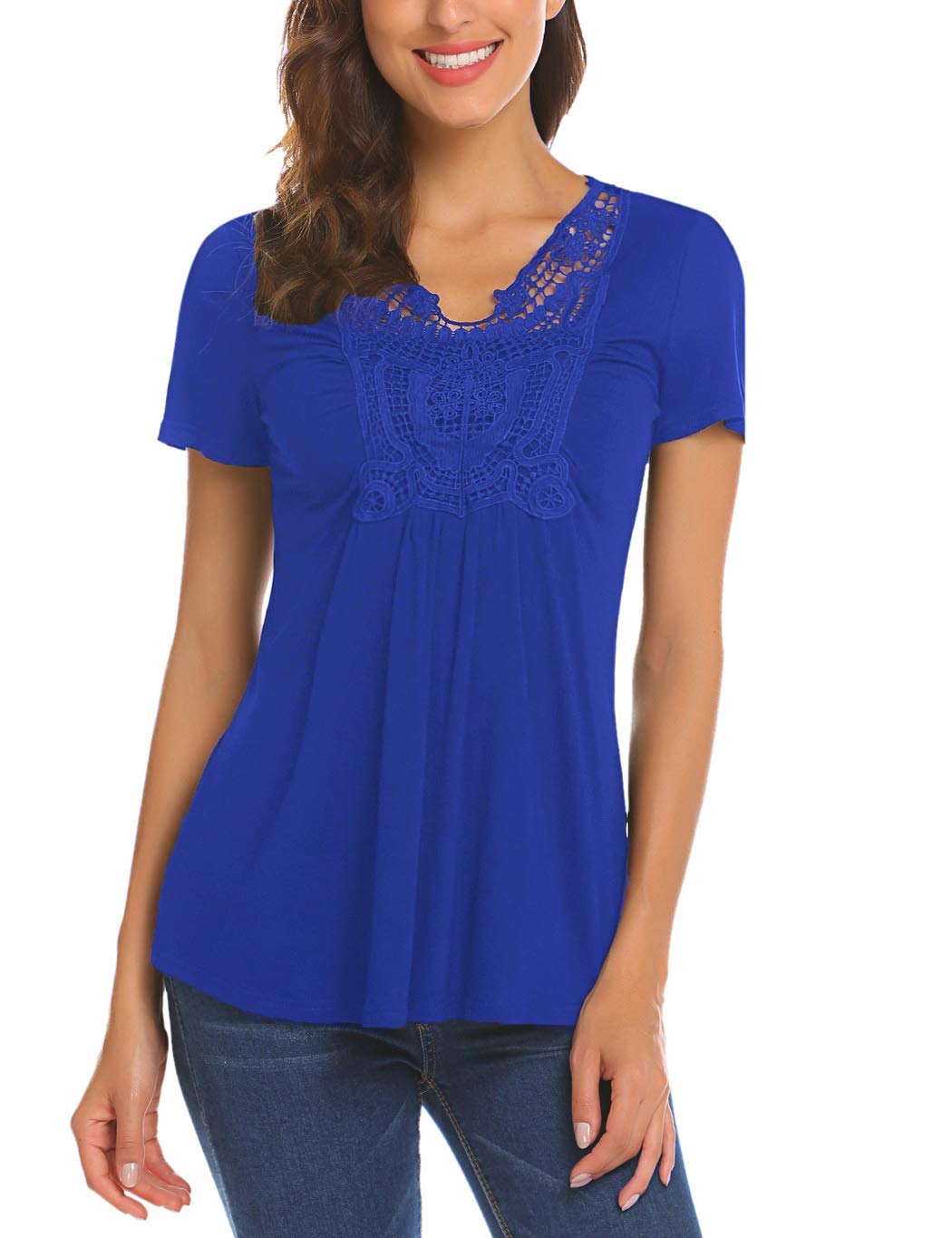 Buy Locryz Women Peasant Blouse Short Sleeve Ruched Front Lace Shirt