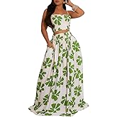 HANMAX Two Piece Sets for Women Summer Floral Beach Outfit Casual Sleeveless Cropped Tank Top High Waisted Maxi Skirt Set