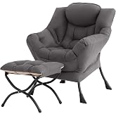 Tiita Lazy Chair with Ottoman, Comfy Reading Accent Chair, Dark Grey | Foldable Footrest, Padded Seat and Backrest, Side Pocket for Lounging in Living Rooms, Bedrooms, Dorms and Small Spaces