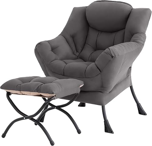 Tiita Lazy Chair with Ottoman, Comfy Reading Accent Chair, Dark Grey | Foldable Footrest, Padded Seat and Backrest, Side Pocket for Lounging in Living Rooms, Bedrooms, Dorms and Small Spaces