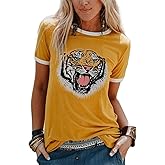 Women's Tiger Graphic Tee Shirt Crew Neck Short Sleeve Funny Cute Animal Graphic Summer Tops Holiday Tee Shirt