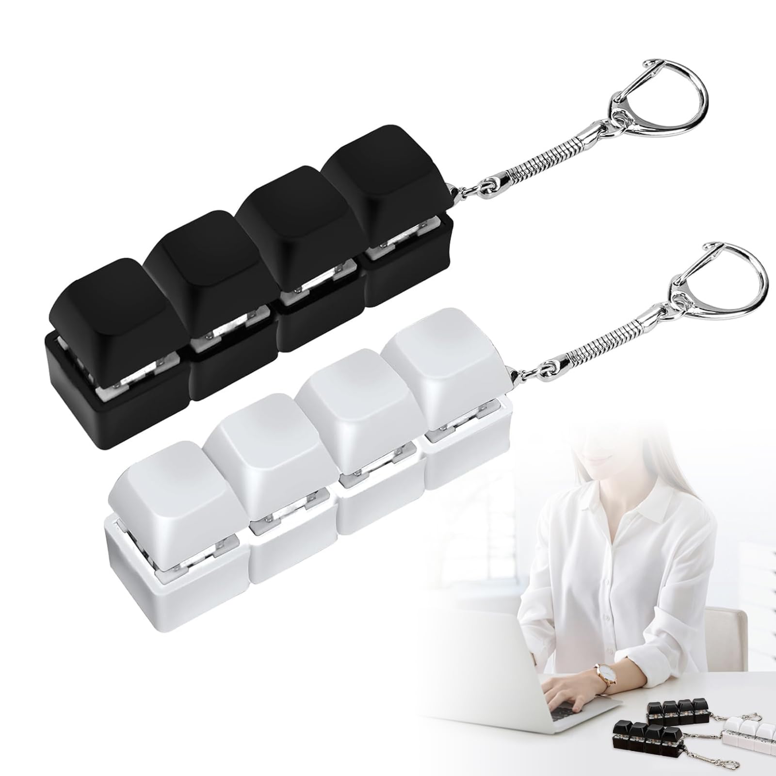 Keyboard Fidget Toy – 2 Pcs Compact Clicker Fidget Toys with Keychain – 4 Button Fidget Keychain, Portable Keyboard Clicker for All People, Black and White Set