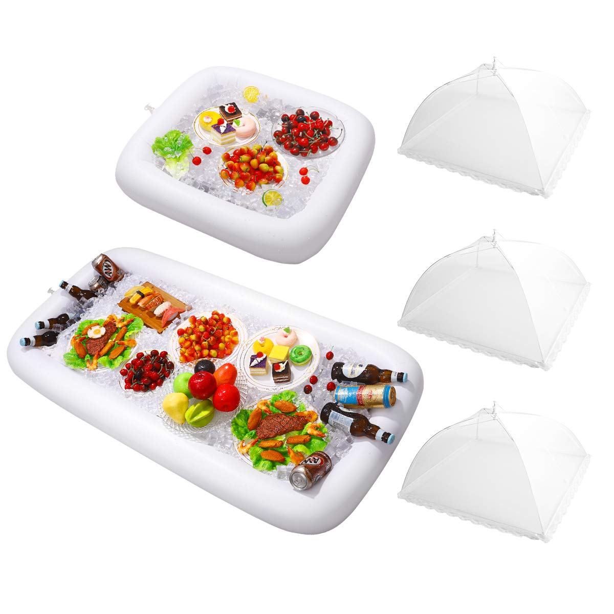 HEMOTON 2PCS Inflatable Serving Bars with Drain Plug - Food Drink Salad Buffet Tray with Mesh Food Cover for Indoor and Outdoor Party Pool Picnic Luau