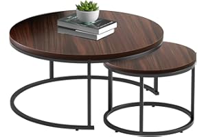 Our Modern Space Circular 27.5" & 17.75" Nesting Table with Metal Legs Set of 2 - Side Table for Living Room, Bedroom, Balcony, Apartment & Small Spaces - Nested Center Coffee End Table - RUSTIC BROWN