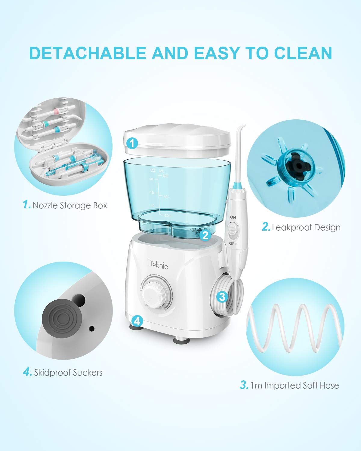 iTeknic Water Flosser for Braces Teeth Cleaning, 600ML Water Flosser Teeth Cleaner for Family, Bridges & Gum Care, Professional Electric Dental Oral Irrigator with 10 Water Pressure Levels, 7 Jet Tips: Beauty