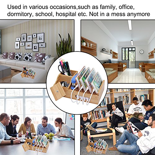 Bamboo Charging Station for Multiple Devices, Multi Use Wood Docking Station with Storage Box, Desktop Holder Organizer Compatible Devices, Phones, Tablets and Stationery (Hub, Cables Not Included) - Thumbnail 5