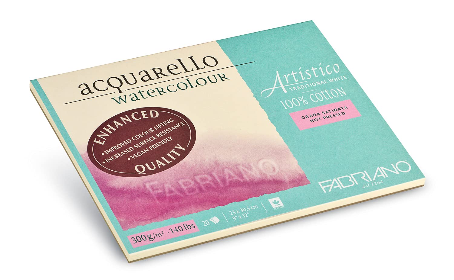Fabriano Artistico Acquarello Watercolour, Natural White, Satin Hot Pressed, 23 x 30.5 cm, 20 Sheets, 300 g/m² Artist Watercolour Cardboard, Glued on 4 Sides, Vegan