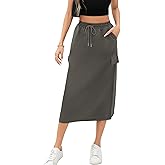 Women's Midi Cargo Skirt High Waist Drawstring Summer Slit Dressy Casual Skirts with Pockets