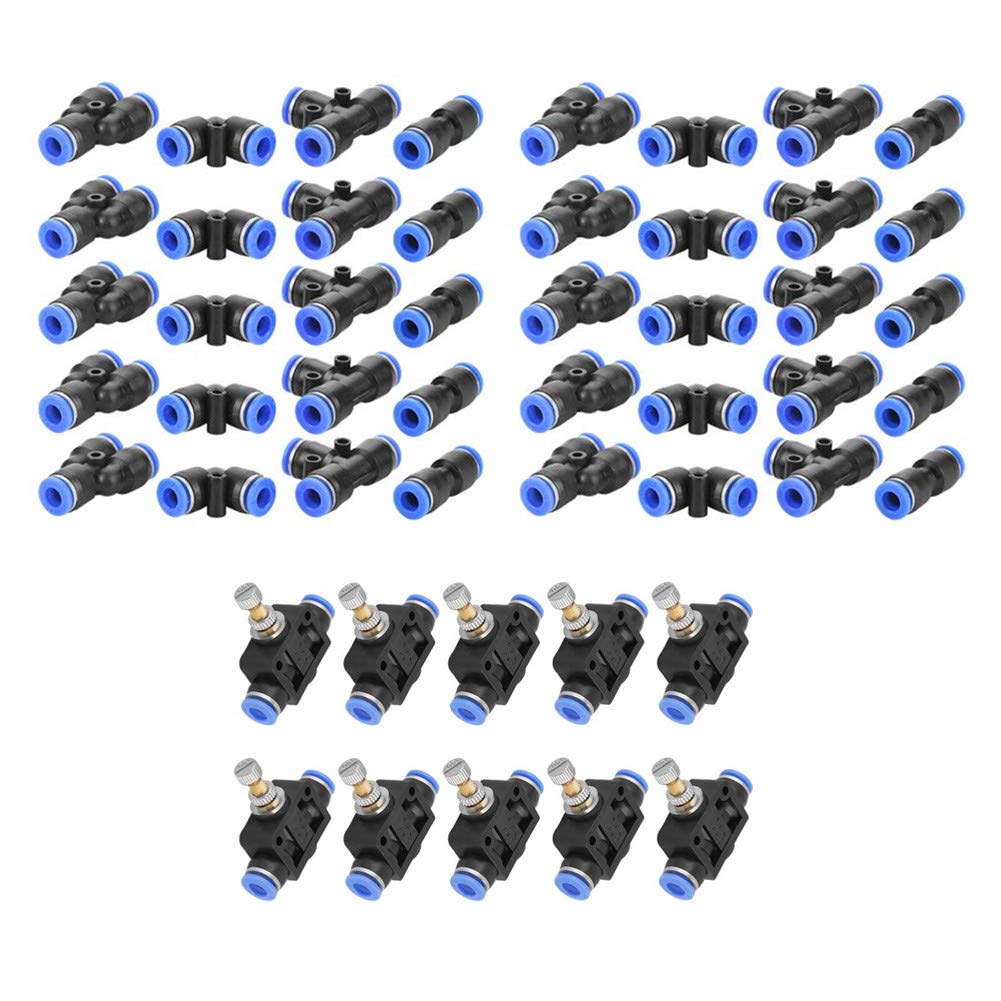 Hilitand 10pcs Pipe Throttle Valve Push in 6mm Push Fit Air Fittings + 40pcs Air Push Quick Fittings 6x4mm/0.24x0.16in Quick Connect Push in (Type 1 + Type 7)