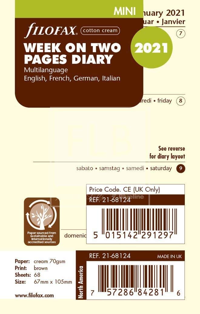 Filofax Mini 2021 (21-68124) Week on Two Pages, 4 Languages, Cotton Cream