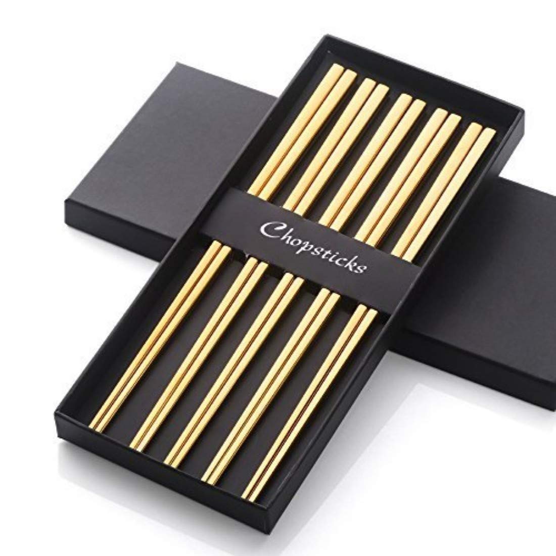 Buyer Star Gold Chopsticks 5 Pairs Reusable Metal Chopsticks 18/10 304 Stainless Steel Chopstick Set with Gift Box