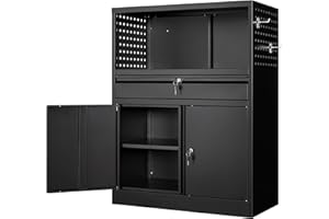 Anxxsu Metal Storage Cabinet with 1 Drawer, 41.2" Steel Lockable Storage Cabinet with Side Pegboard, Locking Metal Cabinet for Home Office, Garage, School (Black)